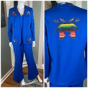 Vintage 60s 70s Right On! by Estivo Polyester Bell Bottom Jumpsuit Vest Set Blue